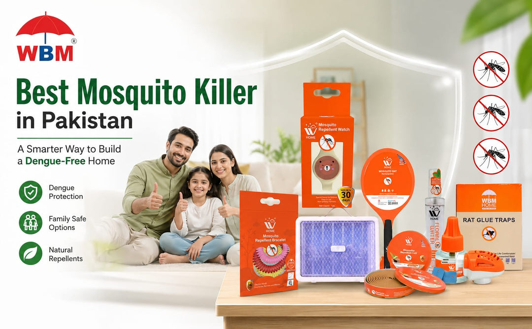 Best Mosquito Killer in Pakistan by WBM Home featuring mosquito repellent watch, bracelet, liquid, coils, and dengue protection solutions for families.