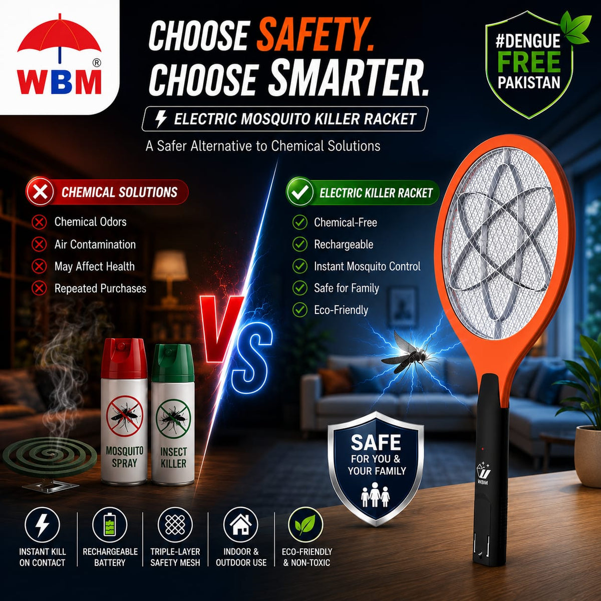 Electric Mosquito Killer Racket Vs Chemical Mosquito Killer | Choose a Safer Solution with WBM Online Store in Pakistan
