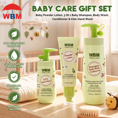 Baby Care Gift Set | Baby Powder Lotion, 3 IN 1 Baby Shampoo, Body Wash, Conditioner & Kids Hand Wash | WBM Baby Care