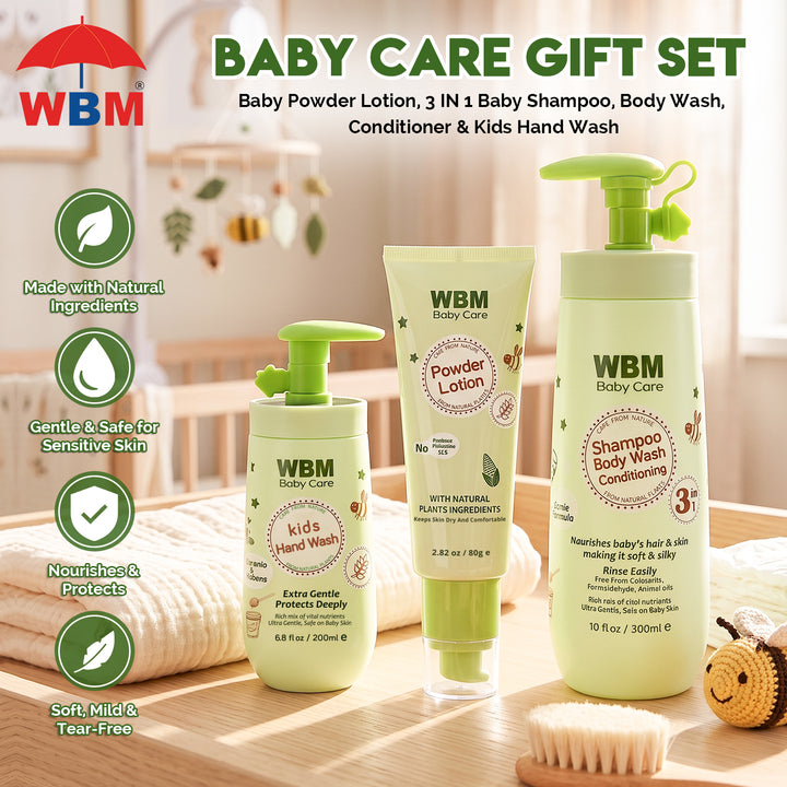 Baby Care Gift Set | Baby Powder Lotion, 3 IN 1 Baby Shampoo, Body Wash, Conditioner &amp; Kids Hand Wash | WBM Baby Care