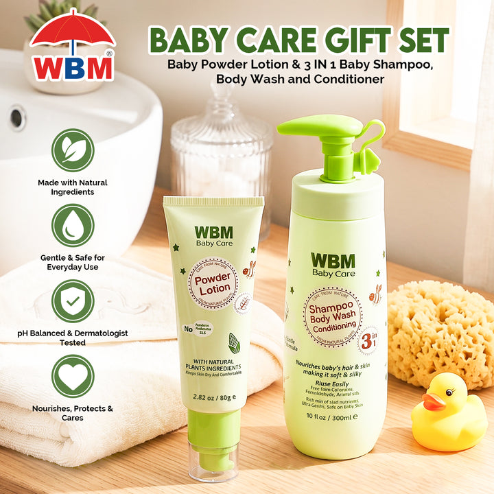 Baby Care Gift Set | Baby Powder Lotion &amp; 3 IN 1 Baby Shampoo, Body Wash and Conditioner | WBM Baby Care