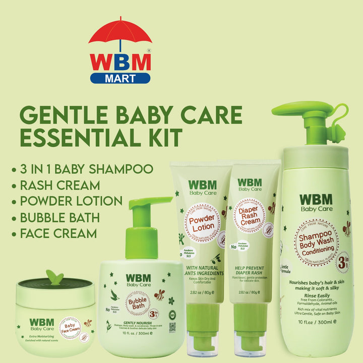 WBM Gentle Baby Essential Kit - Rash &amp; Face Cream, Bubble Bath, Wash &amp; Powder Lotion