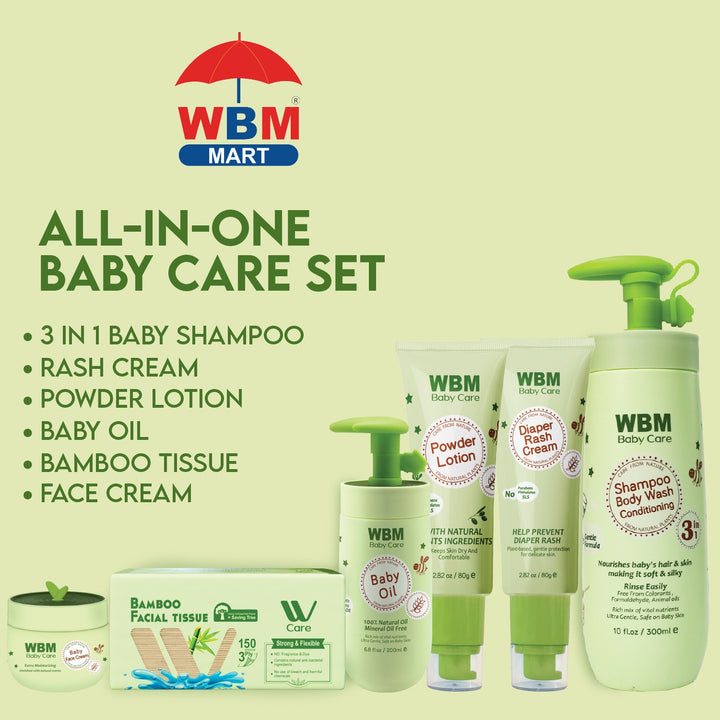 WBM All in One Baby Care Set - Face &amp; Rash Cream, Baby Oil, Tissue, Powder Lotion &amp; Baby Shampoo