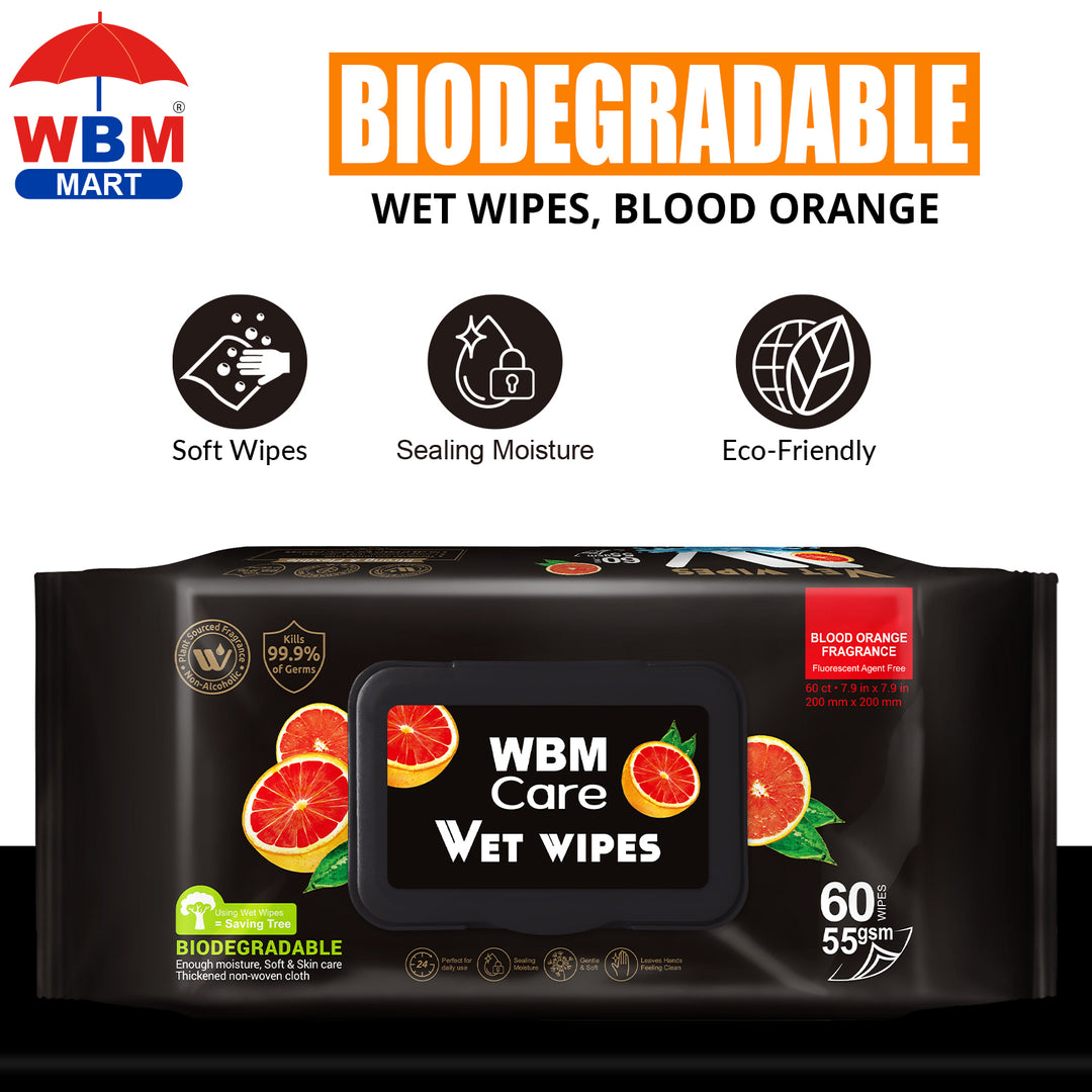 Biodegradable Wet Wipes, Blood Orange - 60 Pcs | WBM Care