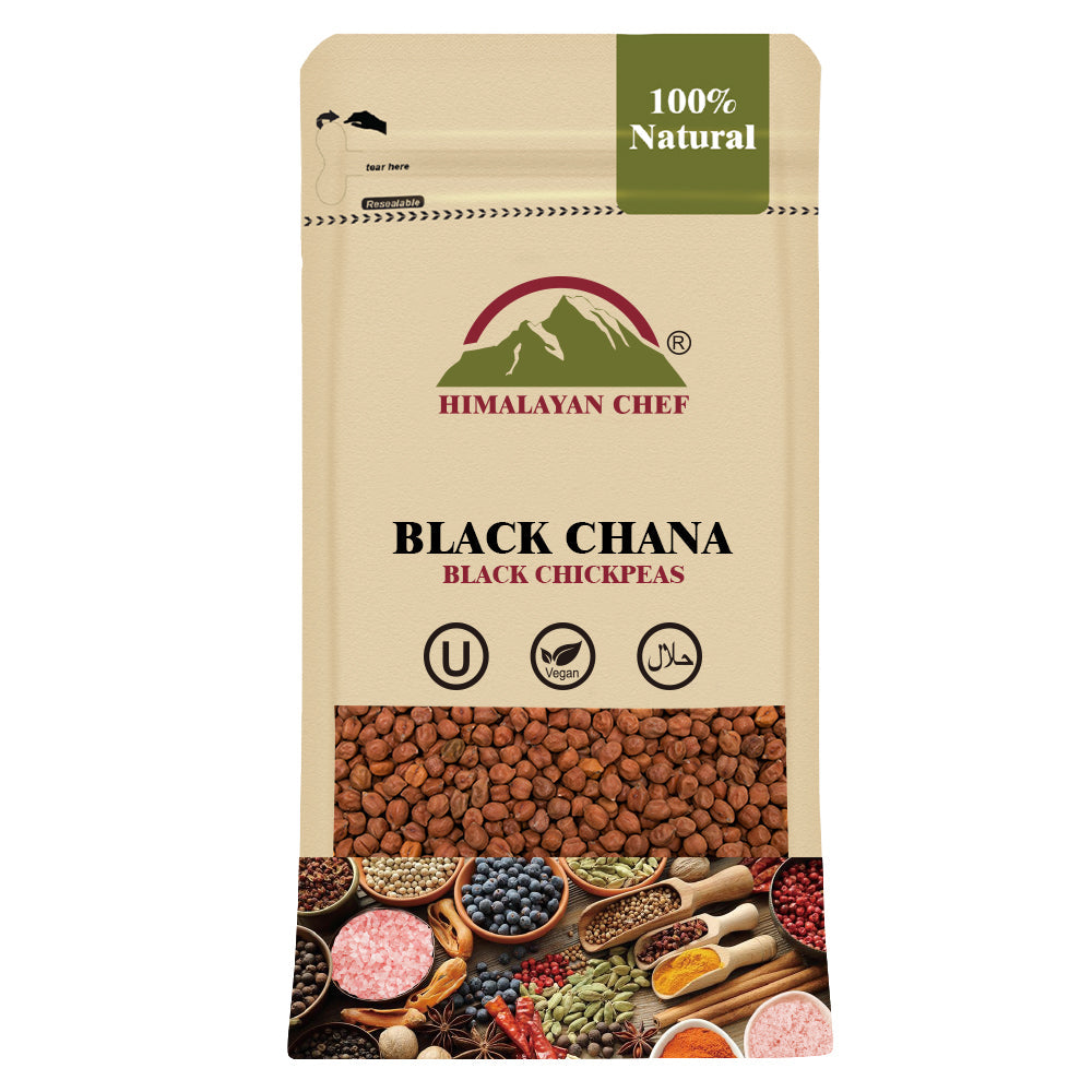 Himalayan Chef Black Chana packaging with mountain logo on a beige background