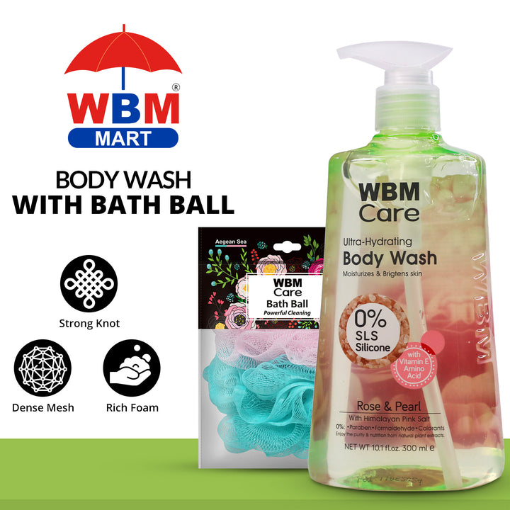 Body Wash Rose &amp; Pearl (300 ml) with Bath Ball Aegean Sea | WBM Care