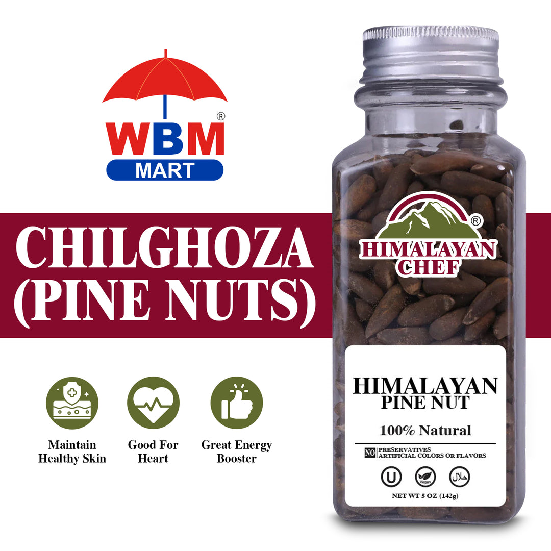 Chilghoza (Pine Nuts) with Shell Square Plastic Jar - 0.3 lbs (150g) | Himalayan Chef