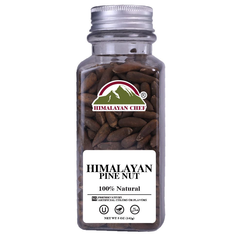 Chilghoza (Pine Nuts) with Shell Square Plastic Jar - 0.3 lbs (150g) | Himalayan Chef