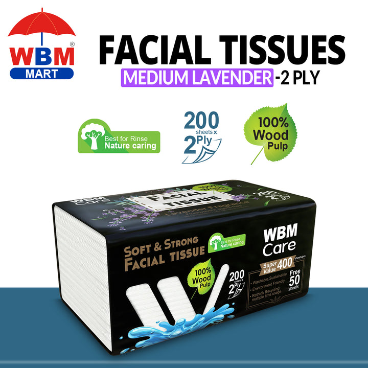 Facial Tissues Medium Lavender 2 Ply - (200 Sheets) | WBM Care