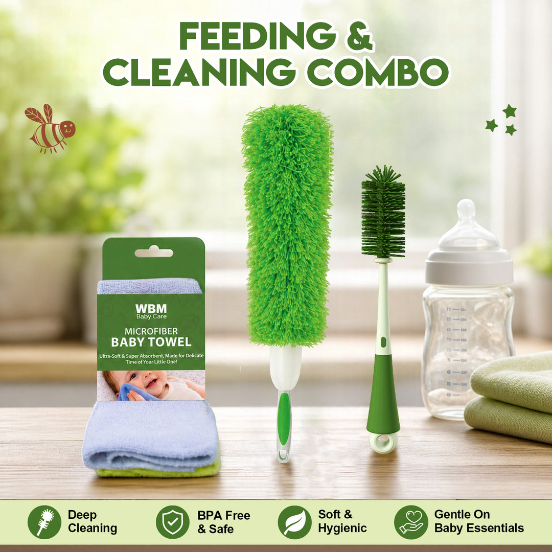 WBM Baby Feeding Cleaning Kit – Bottle Brush, Towels &amp; Duster