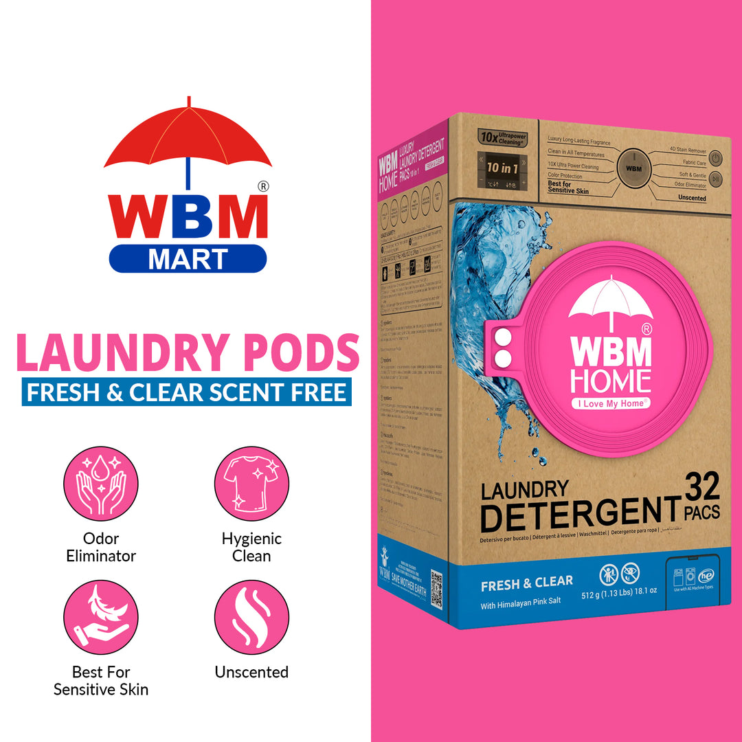 Laundry Pods (Fresh &amp; Clear Scent Free) Box - 32 Pcs | WBM Home