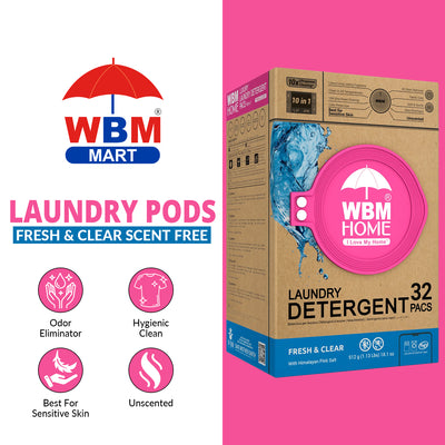 Laundry Pods (Fresh & Clear Scent Free) Box - 32 Pcs | WBM Home