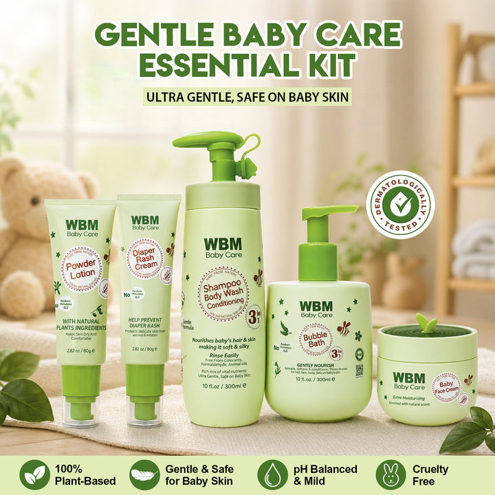 WBM Gentle Baby Essential Kit - Rash &amp; Face Cream, Bubble Bath, Wash &amp; Powder Lotion