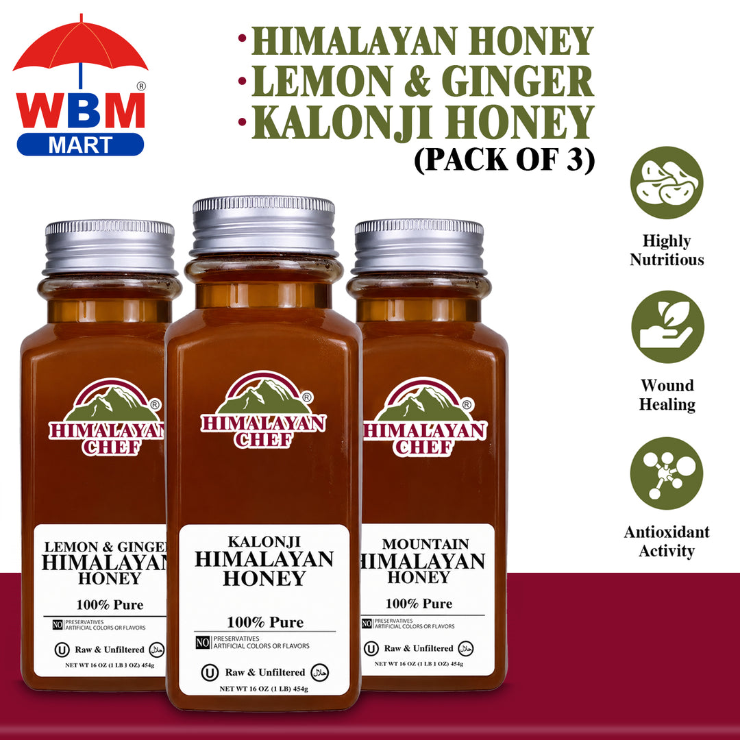 Honey + Lemon &amp; Ginger + Kalonji Honey - 3 lbs (1440g) - Pack of 3 | Himalayan Chef