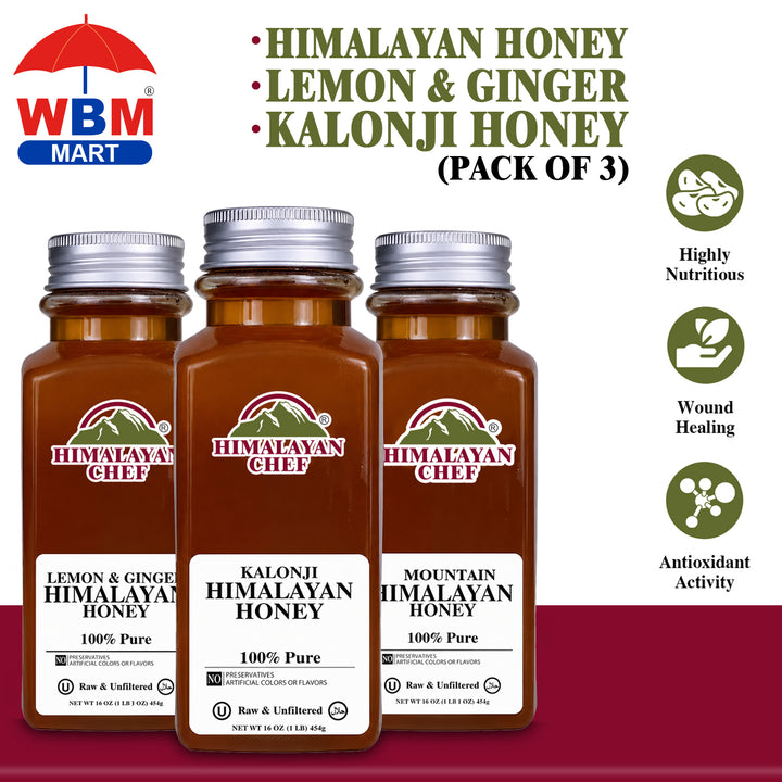 Honey + Lemon &amp; Ginger + Kalonji Honey - 3 lbs (1440g) - Pack of 3 | Himalayan Chef