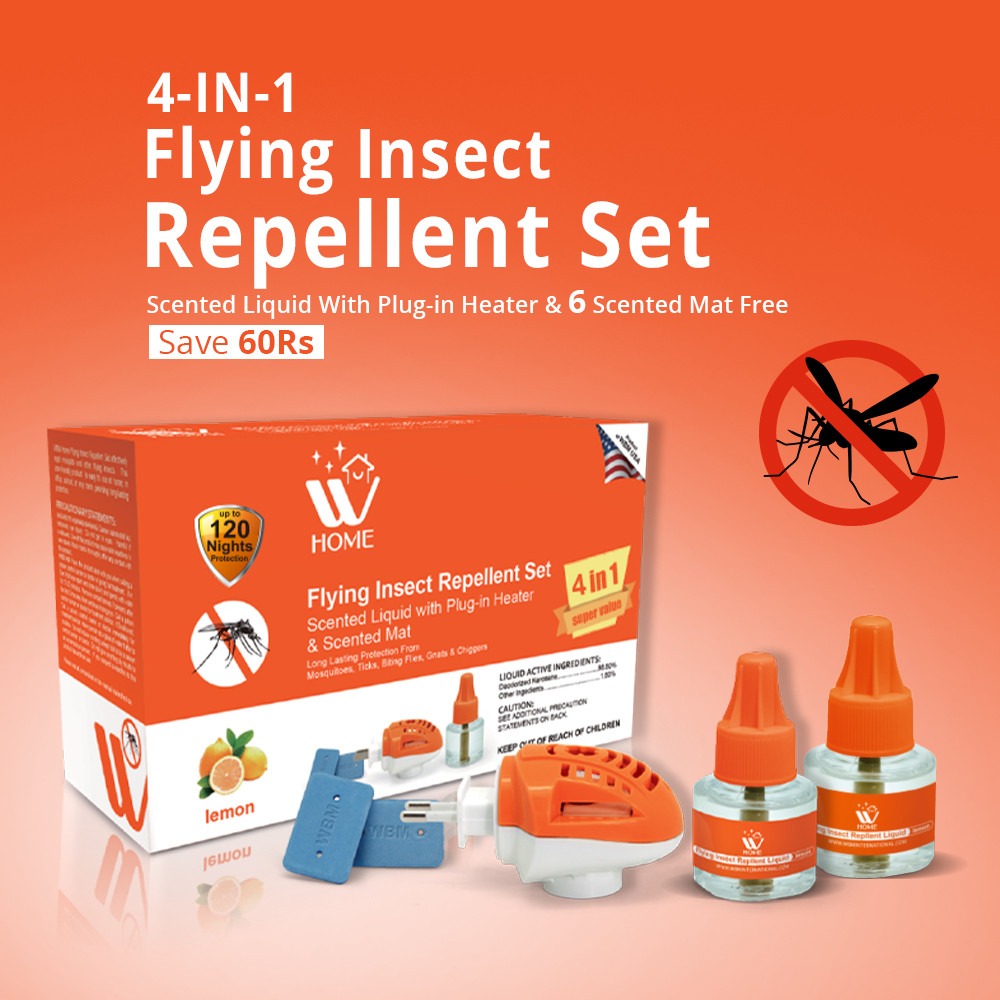 Mosquito &amp; Flying Repellent Set 4-in-1 | Flying Insect Repellent Machine + 2 Liquid Refills + 6 Repellent Mats | WBM Home