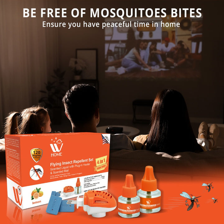Mosquito &amp; Flying Repellent Set 4-in-1 | Flying Insect Repellent Machine + 2 Liquid Refills + 6 Repellent Mats | WBM Home
