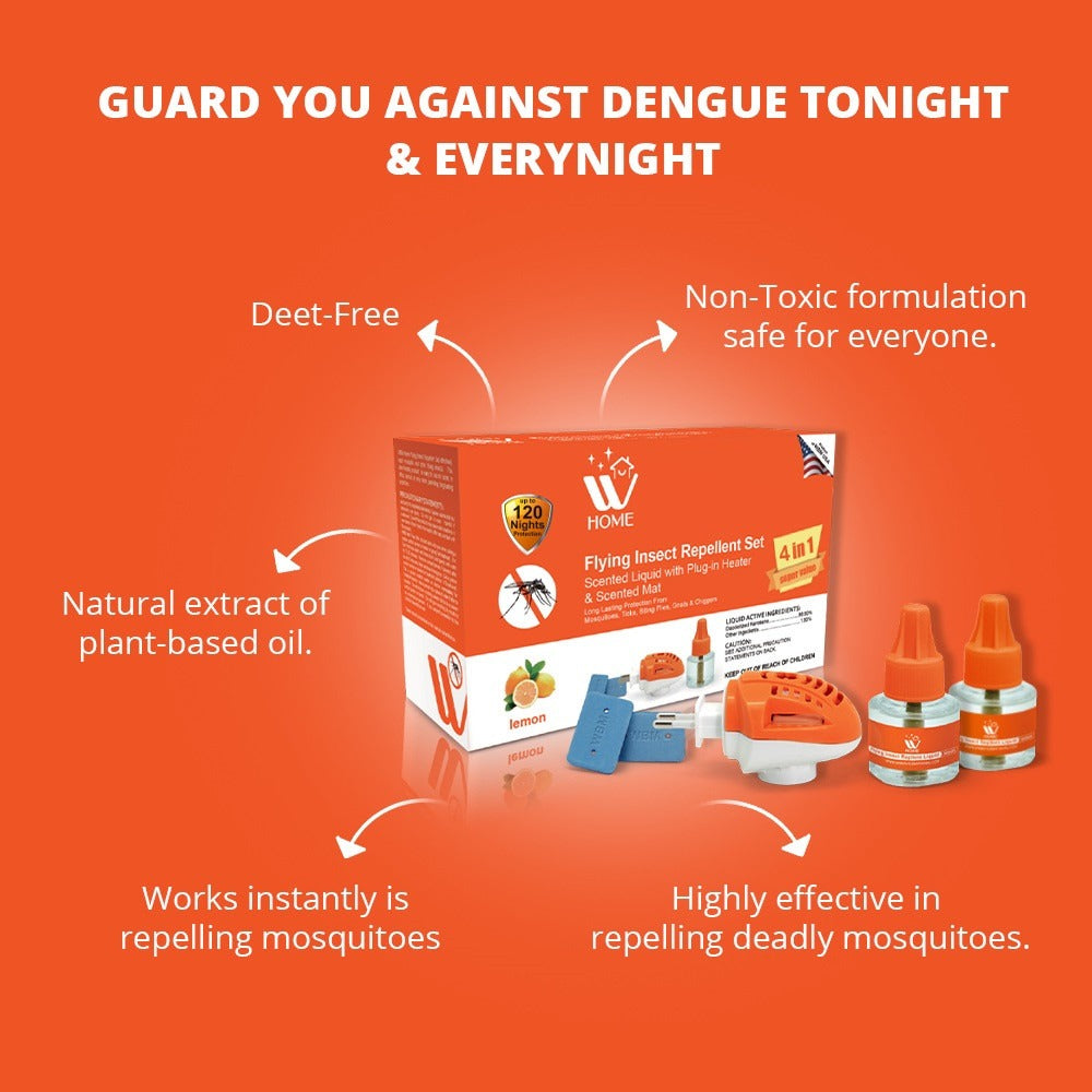 Mosquito &amp; Flying Repellent Set 4-in-1 | Flying Insect Repellent Machine + 2 Liquid Refills + 6 Repellent Mats | WBM Home