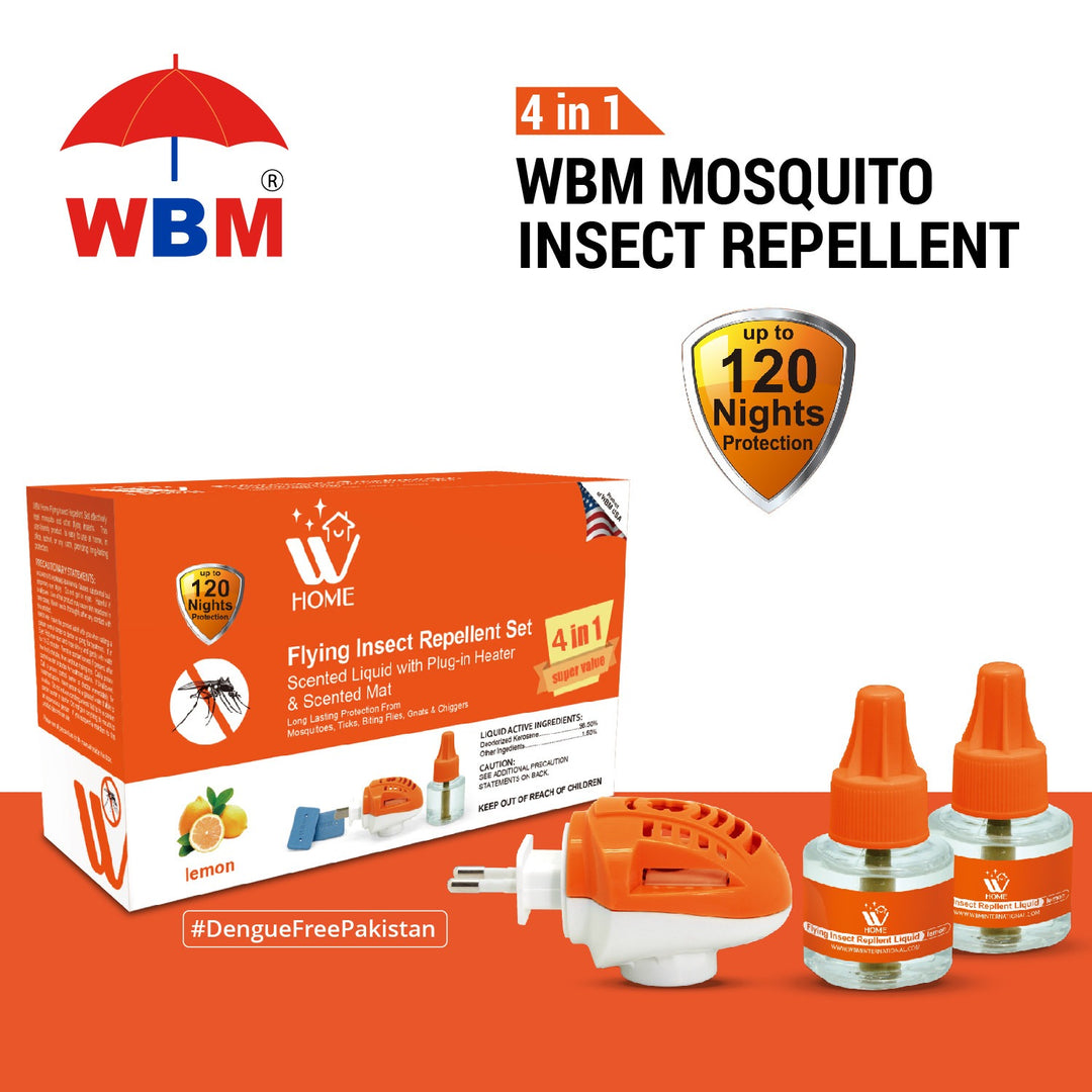 Mosquito &amp; Flying Repellent Set 4-in-1 | Flying Insect Repellent Machine + 2 Liquid Refills + 6 Repellent Mats | WBM Home