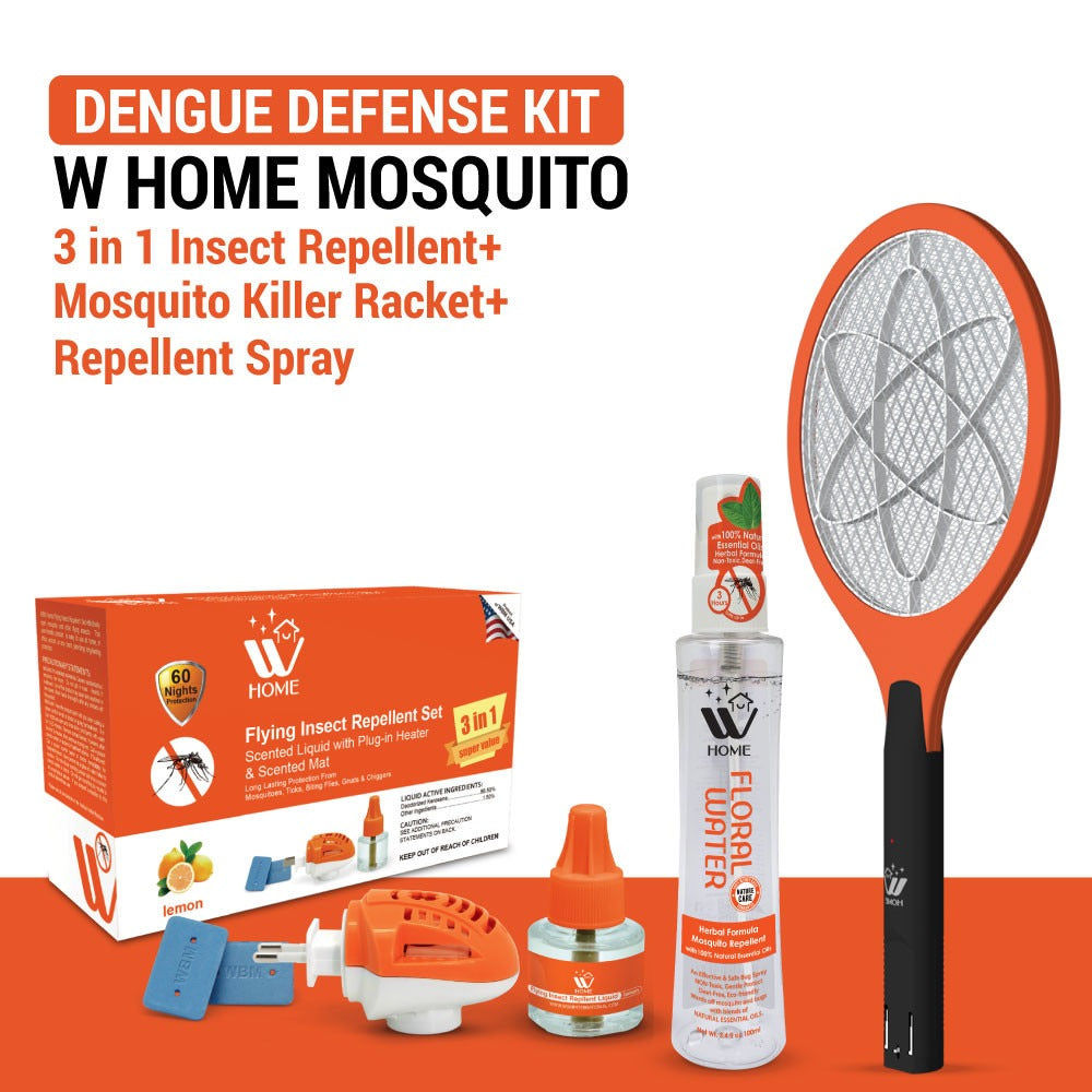 Dengue Defense Kit | Mosquito Repellent Spray + Flying Insect Killer Racket + Liquid Repellent Machine with 45 ml Refill | WBM Home