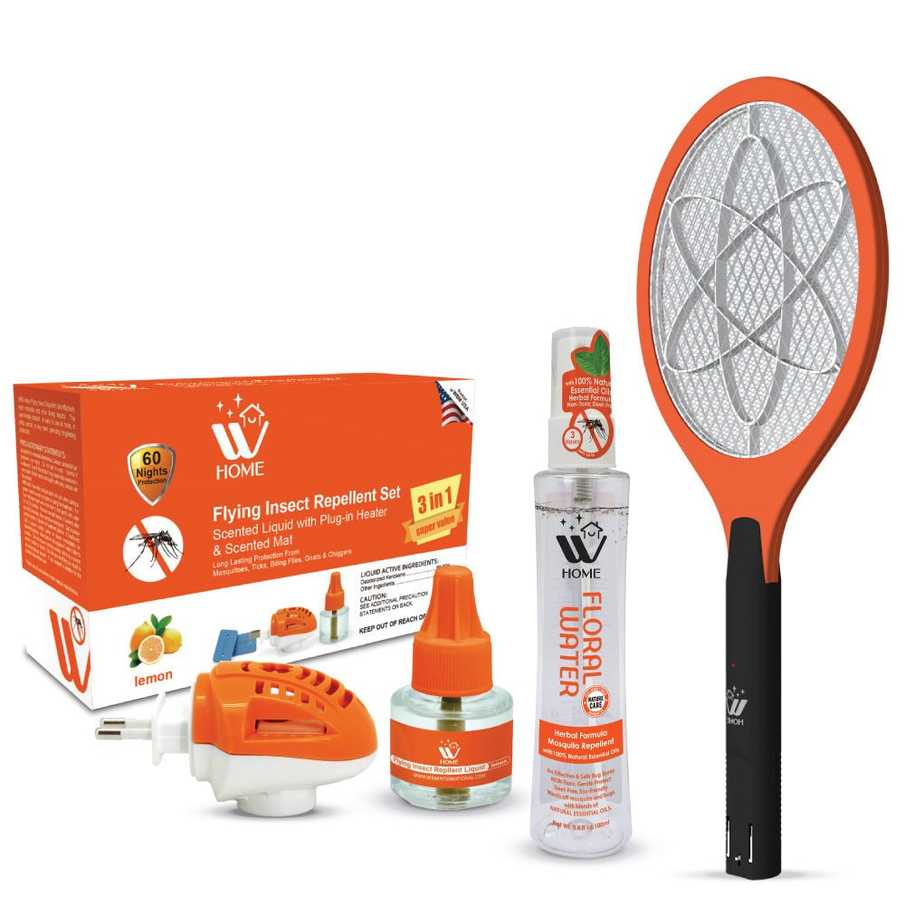 Dengue Defense Kit | Mosquito Repellent Spray + Flying Insect Killer Racket + Liquid Repellent Machine with 45 ml Refill | WBM Home