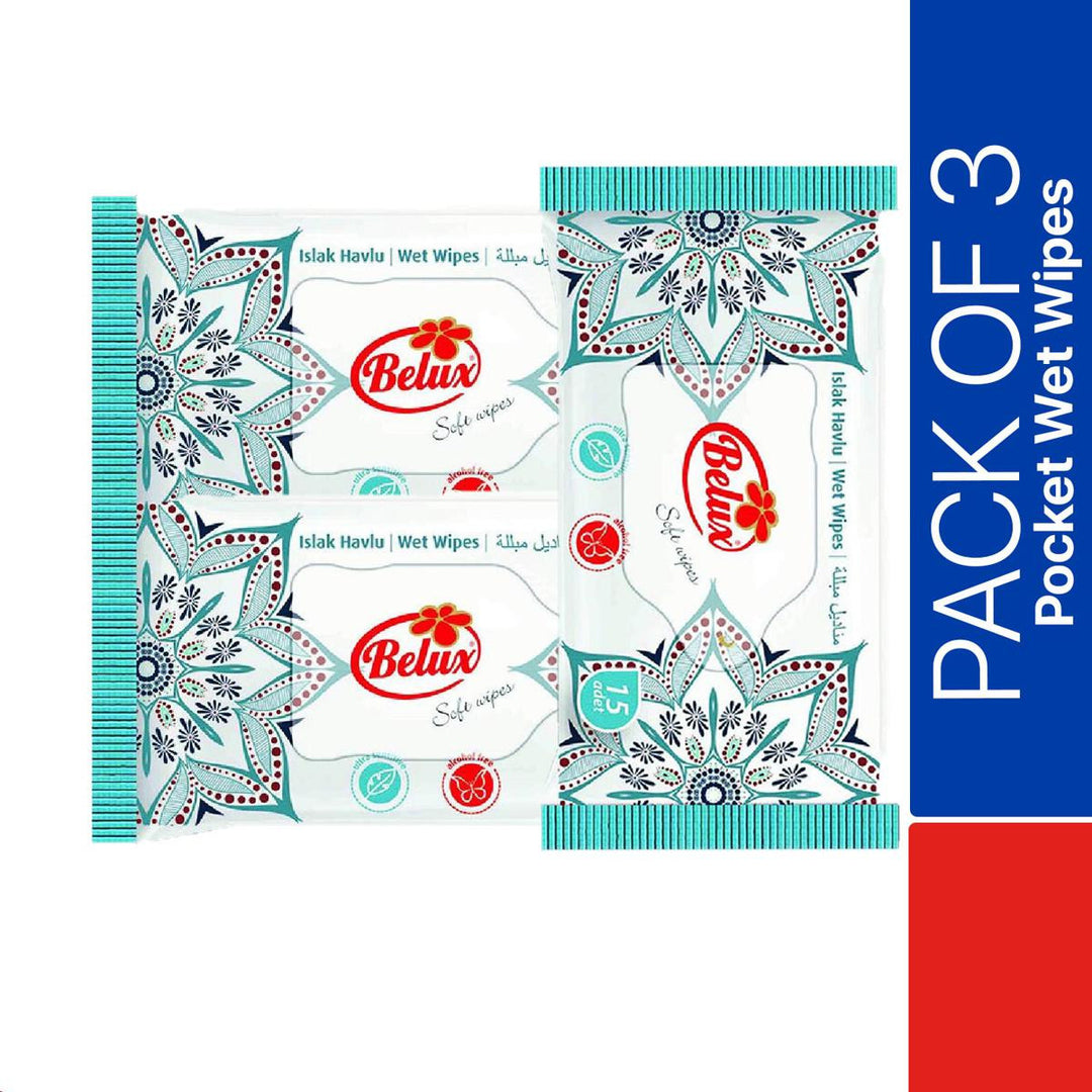(Pack of 3) Belux Pocket Wet Wipes - 15 Sheets  Pocket Wipes by WBM