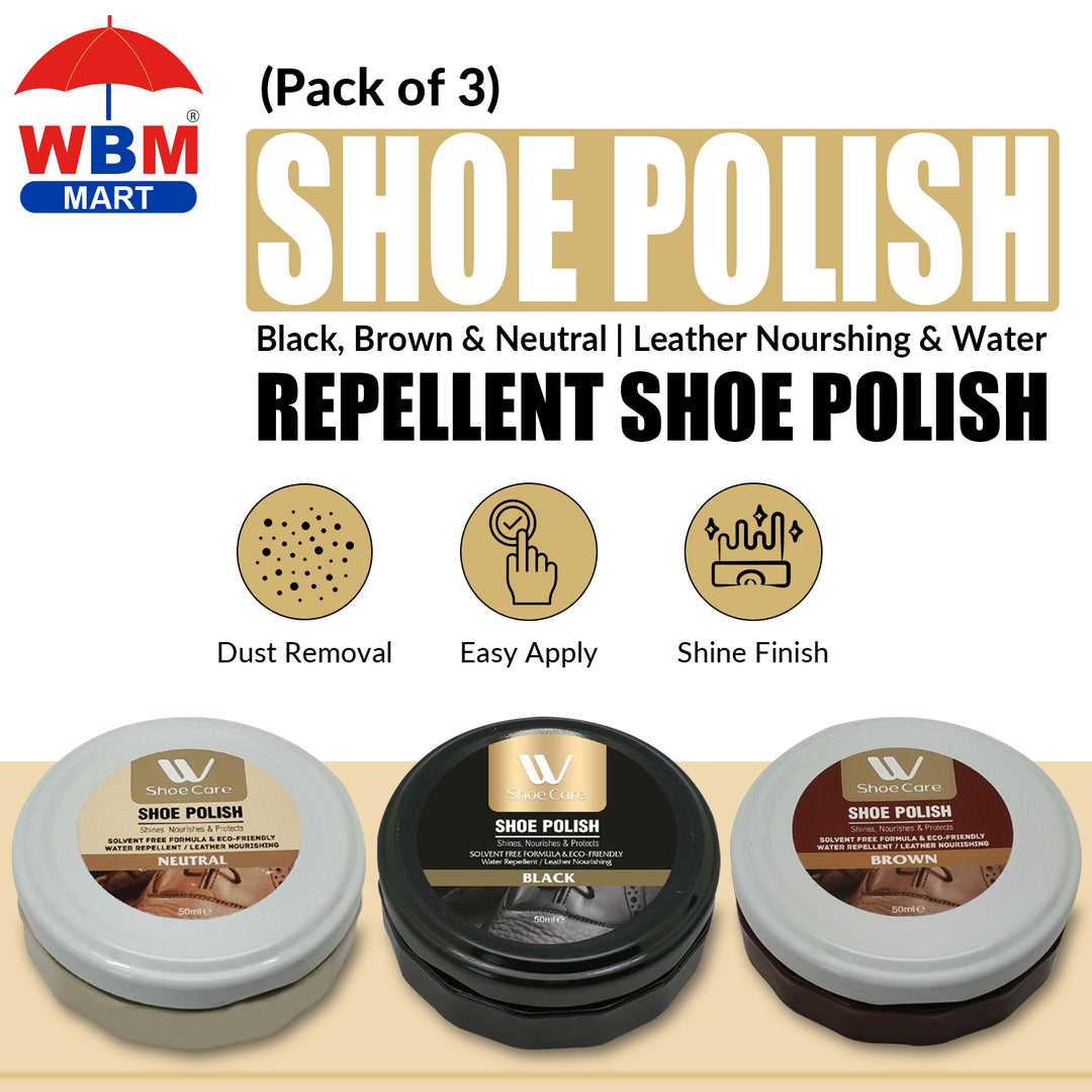 (Pack of 3) Shoe Polish - Black, Brown &amp; Neutral | Leather Nourshing &amp; Water Repellent Shoe Polish - 50ML | WBM Shoe Care