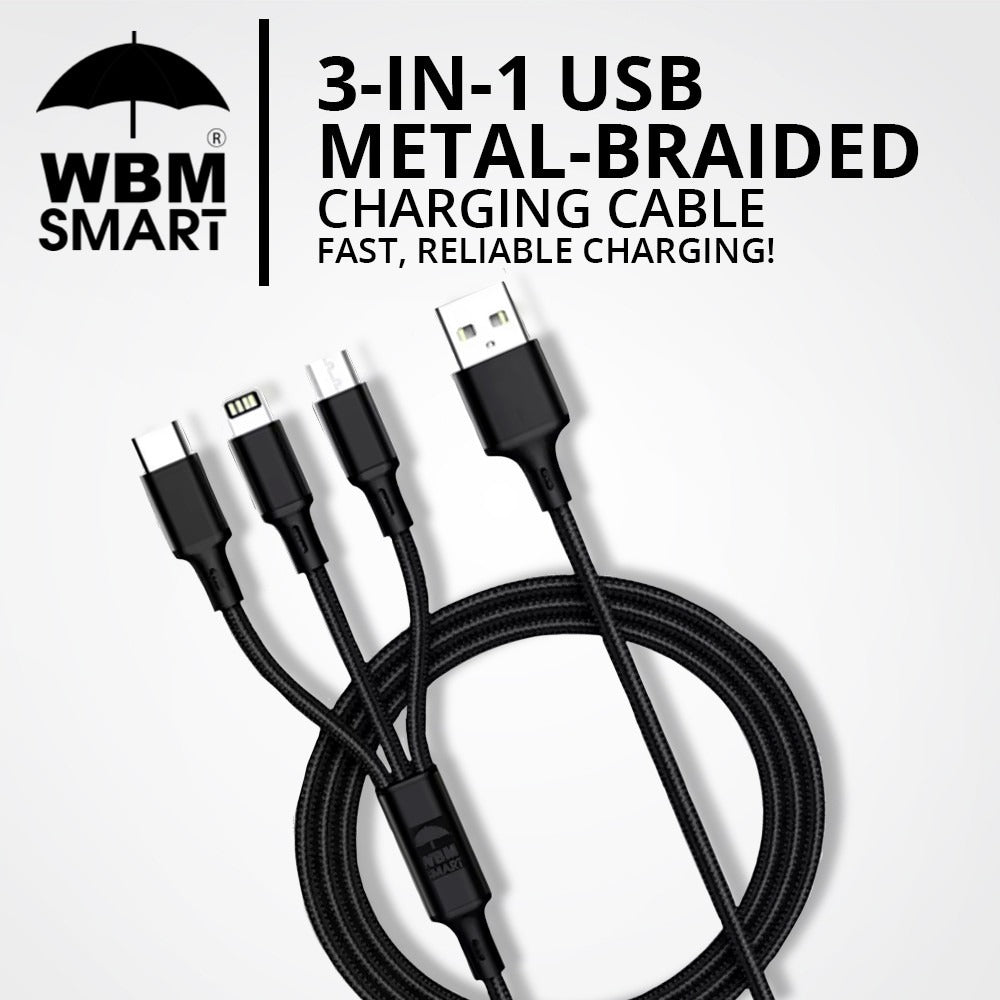 3-in-1 USB Metal Braided Charging Cable | WBM Smart