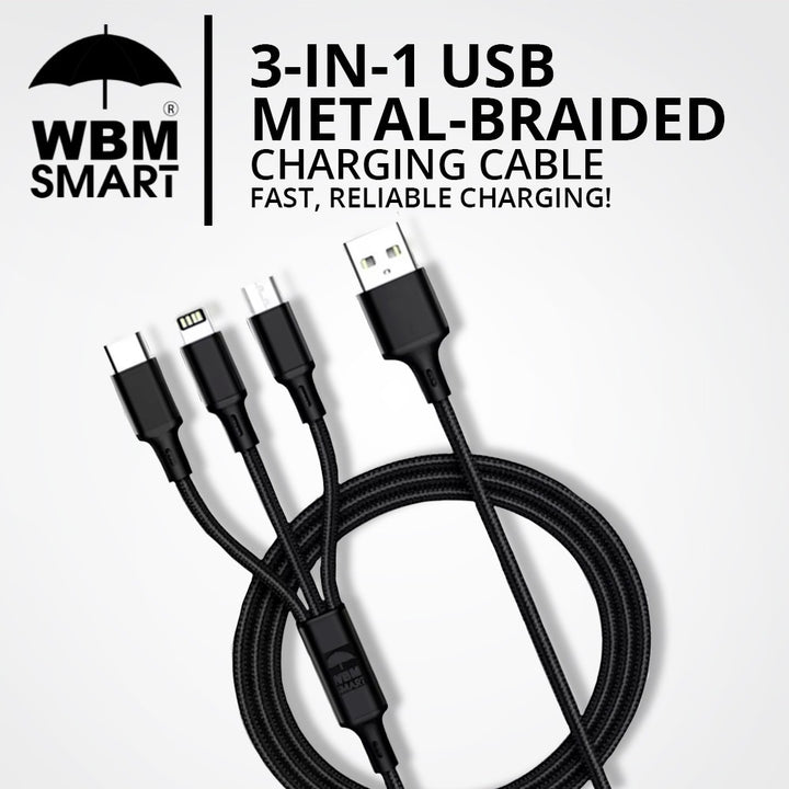 3-in-1 USB Metal Braided Charging Cable | WBM Smart