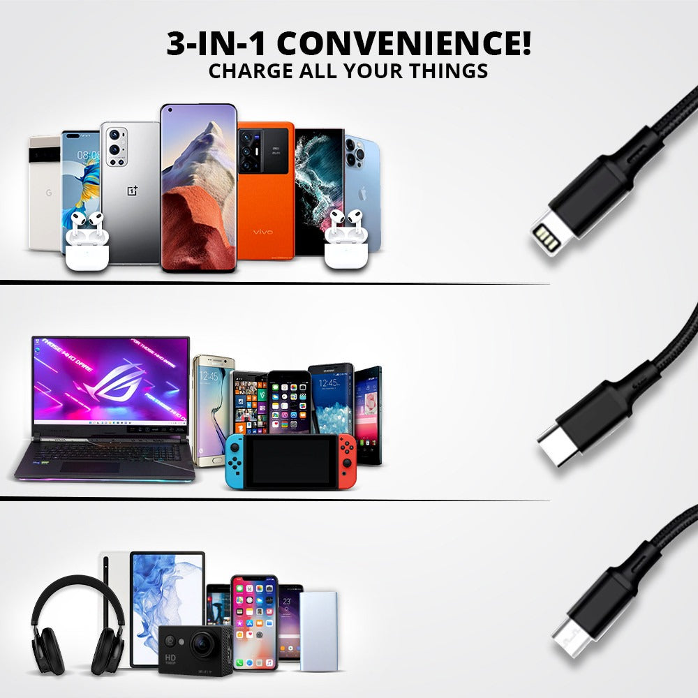 3-in-1 USB Metal Braided Charging Cable | WBM Smart