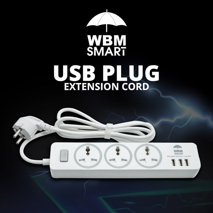 USB Plug Extension Cord, 3 AC &amp; 3 USB Sockets | WBM Smart