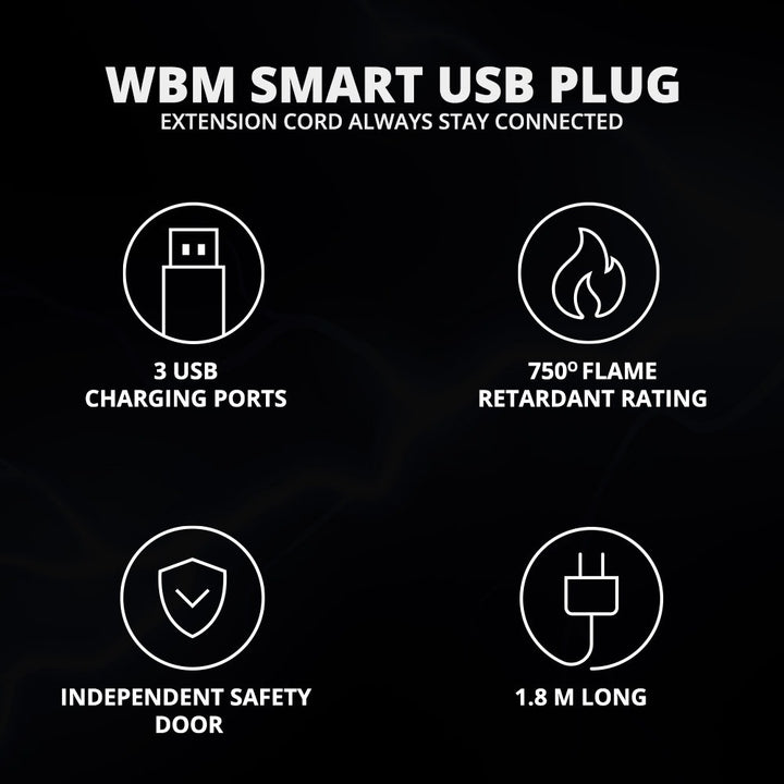USB Plug Extension Cord, 3 AC &amp; 3 USB Sockets | WBM Smart