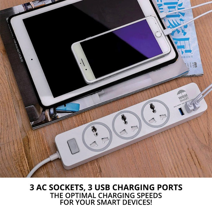 USB Plug Extension Cord, 3 AC &amp; 3 USB Sockets | WBM Smart