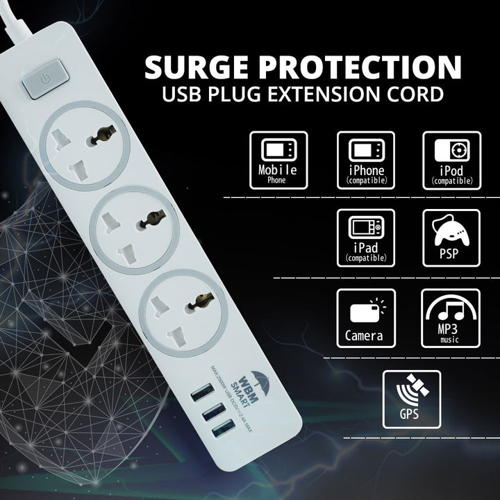 USB Plug Extension Cord, 3 AC &amp; 3 USB Sockets | WBM Smart