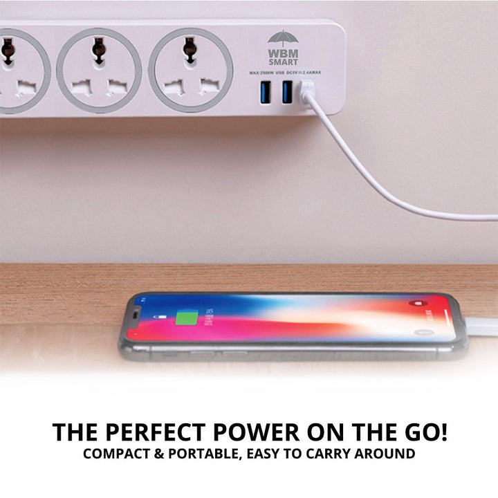 USB Plug Extension Cord, 3 AC &amp; 3 USB Sockets | WBM Smart