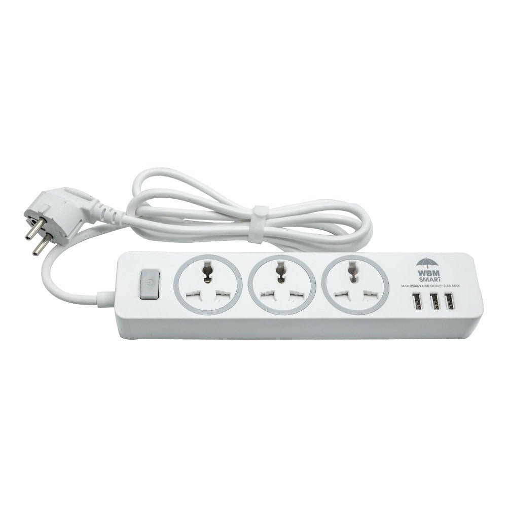 USB Plug Extension Cord, 3 AC &amp; 3 USB Sockets | WBM Smart