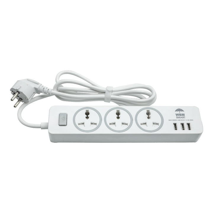 USB Plug Extension Cord, 3 AC &amp; 3 USB Sockets | WBM Smart