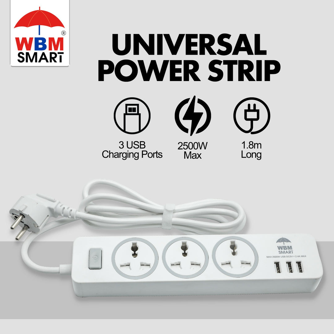 USB Plug Extension Cord, 3 AC &amp; 3 USB Sockets | WBM Smart