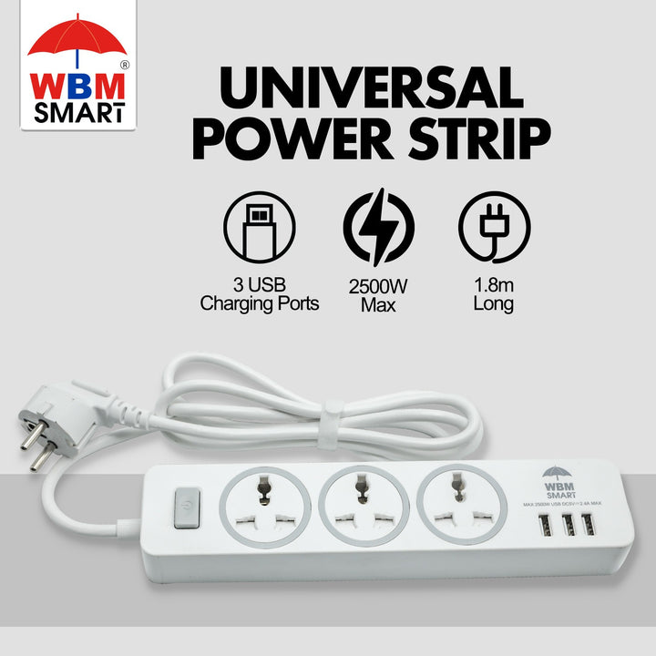 USB Plug Extension Cord, 3 AC &amp; 3 USB Sockets | WBM Smart
