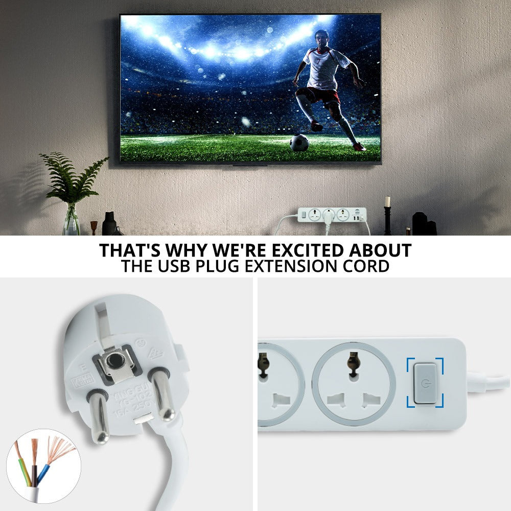 USB Plug Extension Cord, 3 AC &amp; 3 USB Sockets | WBM Smart