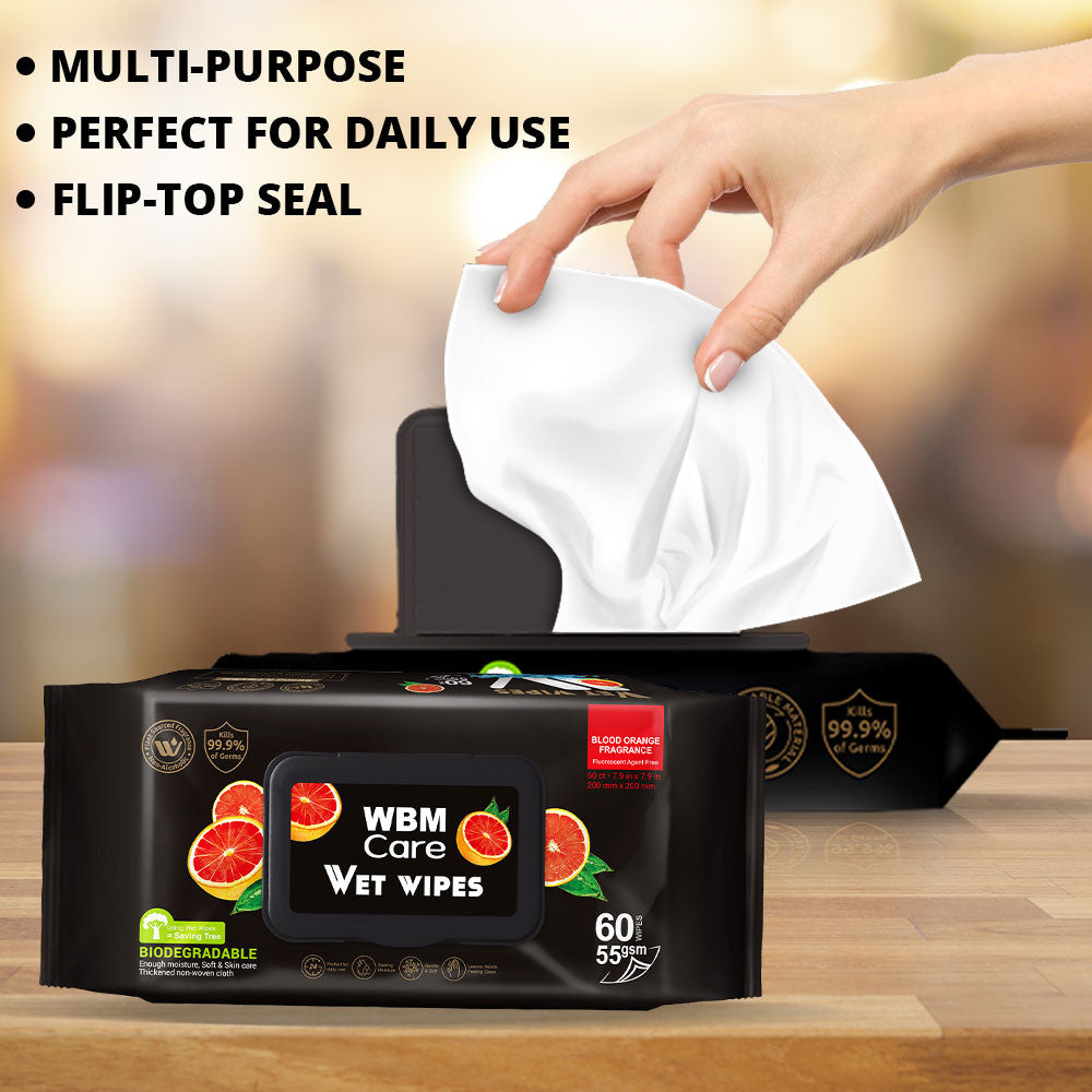 Biodegradable Wet Wipes, Blood Orange - 60 Pcs | WBM Care