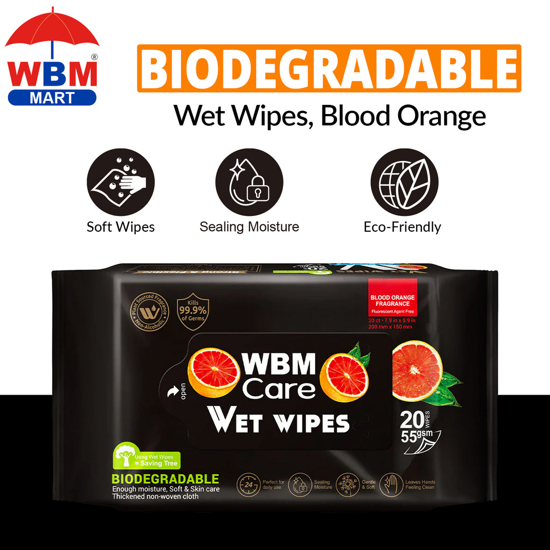 Biodegradable Wet Wipes, Blood Orange - 20 Pcs | WBM Care