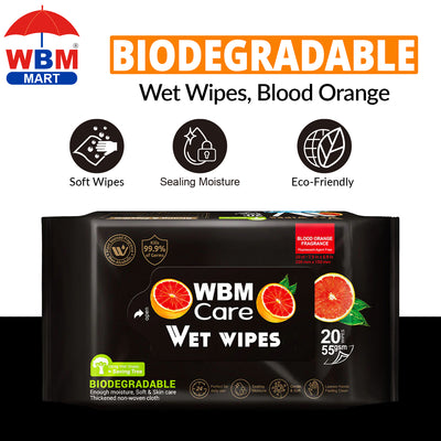 Biodegradable Wet Wipes, Blood Orange - 20 Pcs | WBM Care