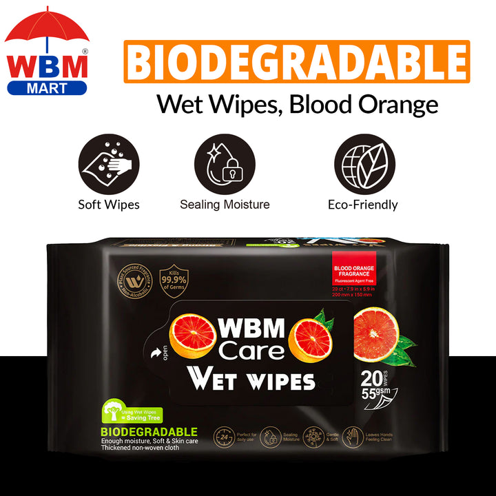 Biodegradable Wet Wipes, Blood Orange - 20 Pcs | WBM Care