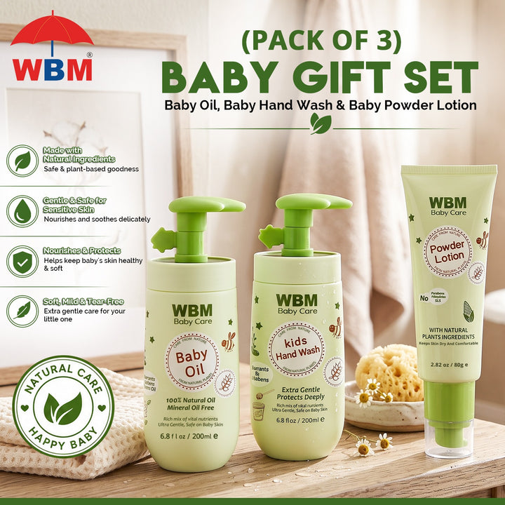 (Pack of 3) Baby Gift Set - Baby Oil, Baby Hand Wash &amp; Baby Powder Lotion | WBM Baby Care