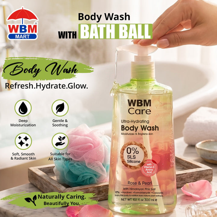 Body Wash Rose &amp; Pearl (300 ml) with Bath Ball Aegean Sea | WBM Care