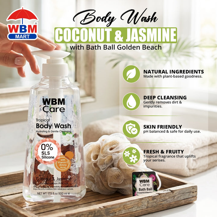 Body Wash Coconut &amp; Jasmine (500 ml) with Bath Ball Golden Beach | WBM Care