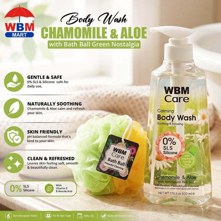 Body Wash Chamomile &amp; Aloe (500 ml) with Bath Ball Green Nostalgia | WBM Care
