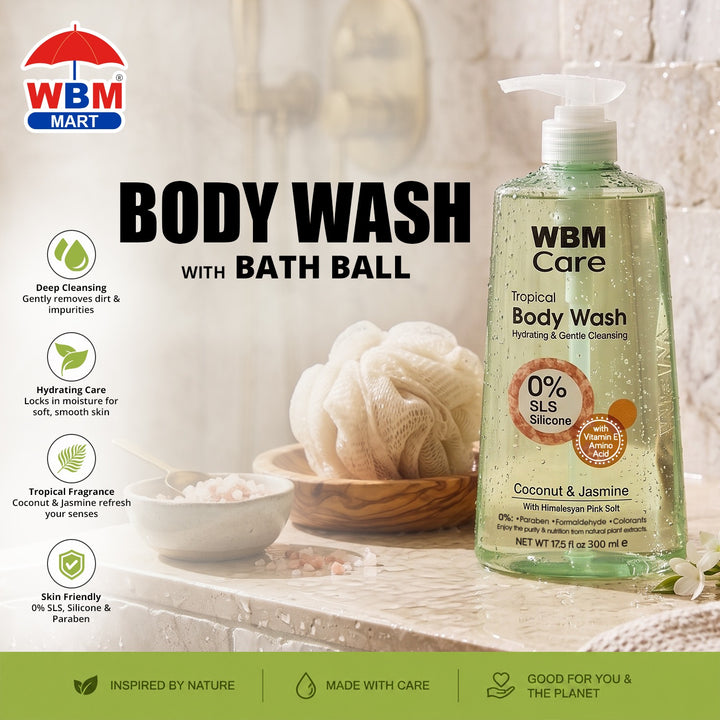 Body Wash Coconut &amp; Jasmine (300 ml) with Bath Ball Golden Beach | WBM Care