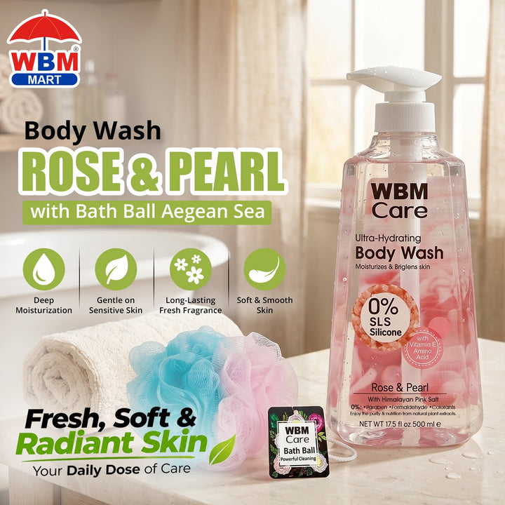 Body Wash Rose &amp; Pearl (500 ml) with Bath Ball Aegean Sea WBM Care